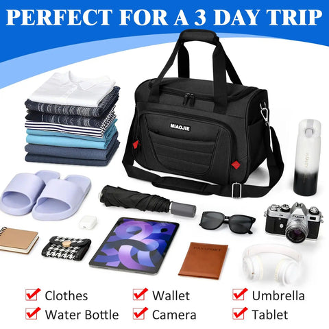 Carry On Duffel Bag For Air Travel And Personal Item with items for a 3-day trip, including clothes, tablet, camera, and accessories