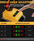 Cordless Rivet Nut Gun For 20V Battery Power control panel showing tension adjustment settings and nut model guide