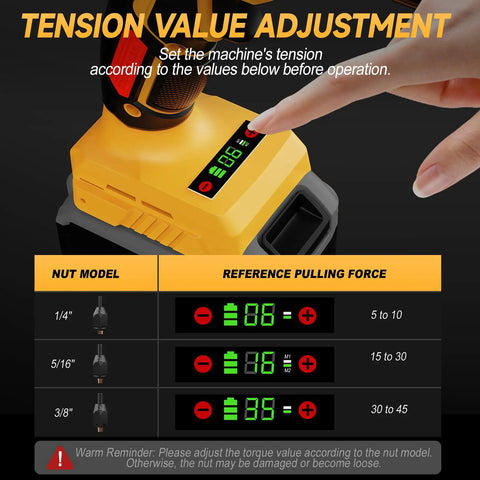 Cordless Rivet Nut Gun For 20V Battery Power control panel showing tension adjustment settings and nut model guide