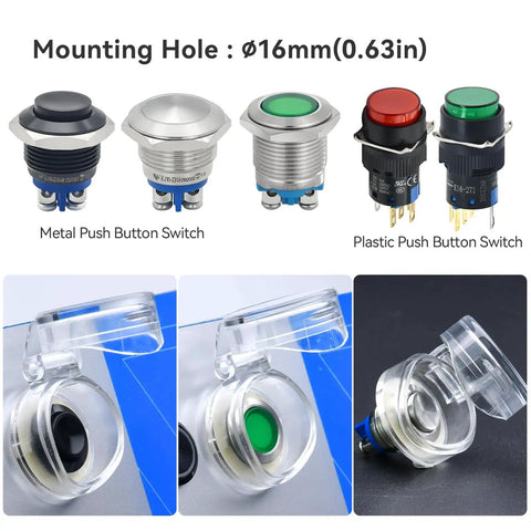 Clear And Rugged 16mm Protective Cover Set with Push Button Switches, IP66 Waterproof, fits five eighth inch mount hole.