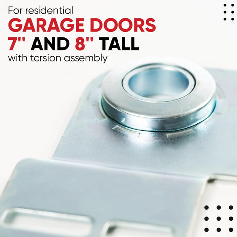 Close-up of 3 3/8 Inch Bearing End Plates Brackets For 2 Inch Track Wood Or Steel Garage Doors Residential End Bearing Brackets Beefy Steel One Pair Bearing Bracket Parts for residential garage doors.