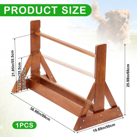 Pro Grade Wooden Dog Agility Jump For Training, Adjustable Height, Built Tough, dimensions displayed with dog in background.