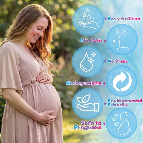 Woman smiling while holding her pregnant belly, highlighting eco-friendly qualities of Killer Gender Reveal Smoke Bombs With Classic Fire Extinguisher Design And Fully Biodegradable Formula To Give Your Baby Shower The Ultimate Vibe Straight Up Reliable Long Lasting Blue Smoke Effects For The Big Day Announcement.