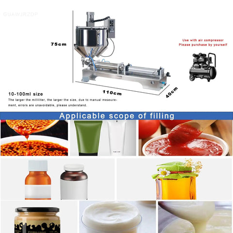 Heavy Duty Pneumatic Liquid Paste Filling Machine With Heated Stirred Tank, adjustable for 10-100ml sizes, 304 steel pump, oil cap.