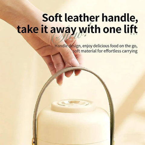 Hand holding compact 500W mini electric pot with portable stainless steel ramen cooker 6-in-1 functions and 12-hour timer