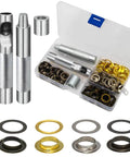 One Half Inch Grommet Kit 100 Sets Four Colors Gold Silver Black Bronze With Tools And Storage Box For DIY Sewing Leather And Fabric Projects 12mm Metal Eyelets Grommets Pro Grade displayed with tools and case