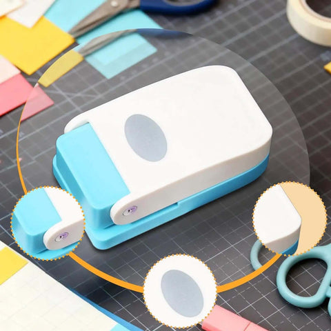 Dope Tiny Paper Punch Hole Puncher For Scrapbooking And Photo Albums, Oval Shape, Acrylic And Metal Cutter on crafting table