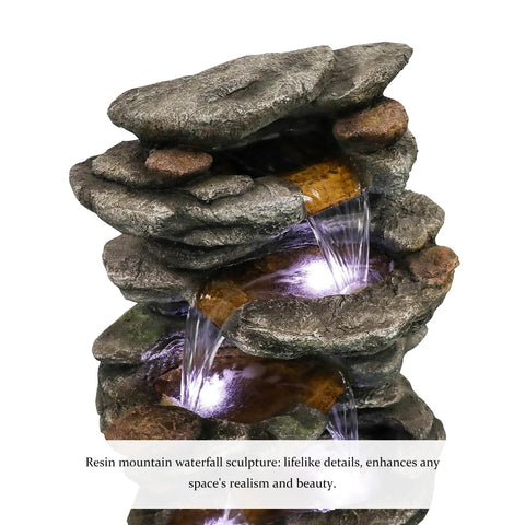 40 Inch High Six Tier Cascading Rock Outdoor Water Fountain With LED Lights For Garden Patio Yard And Deck Decor Relaxing Water Flow