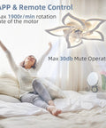 Low Profile 7 Blade Ceiling Fan With Lights Petal Flower Design, bedroom install with app and remote control, woman relaxing