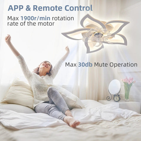 Low Profile 7 Blade Ceiling Fan With Lights Petal Flower Design, bedroom install with app and remote control, woman relaxing