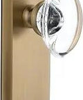 Fifth Avenue Plate With Provence Crystal Knob Single Dummy in Vintage Brass Door Hardware, side view of solid forged brass plate.