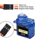 SG90 Micro Servo Motor Kit 3 Pack for Arduino and Raspberry Pi DIY Projects, wiring diagram and blue micro servo motor close-up.