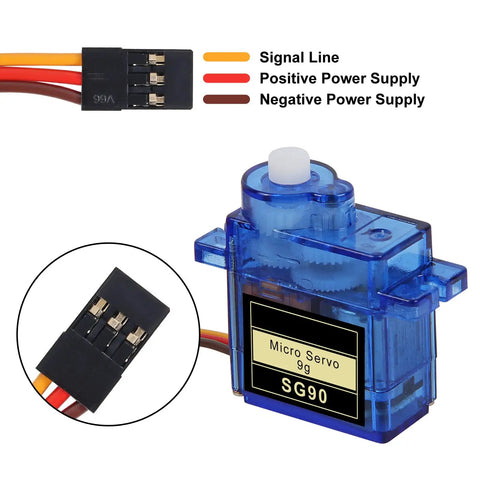 SG90 Micro Servo Motor Kit 3 Pack for Arduino and Raspberry Pi DIY Projects, wiring diagram and blue micro servo motor close-up.