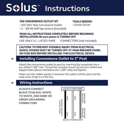 Installation instructions for Grounded Outdoor 120V Power Outlet Kit For Lamp Posts And Poles Weather Resistant With Protective Cover UL Listed Set Of 2 Perfect For Seasonal Lights And Garden Tools.