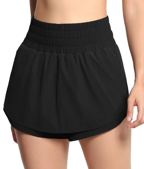 Athletic Skorts With Elastic Waistband Quick Dry 4 Way Stretch Fabric Mesh Liner Zipper Pockets Front Ruffle Hem Curved Hem Design Black