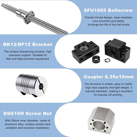 Beefy Pro Grade Linear Rail Kit with SFU1605 ballscrew, BK12/BF12 bracket, coupler, and DSG16H screw nut components displayed.