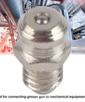 Close-up of metal grease nipple from Grease Zerk Kit 10 Pieces Metal Grease Fittings For M6 Straight Grease Gun Accessories.