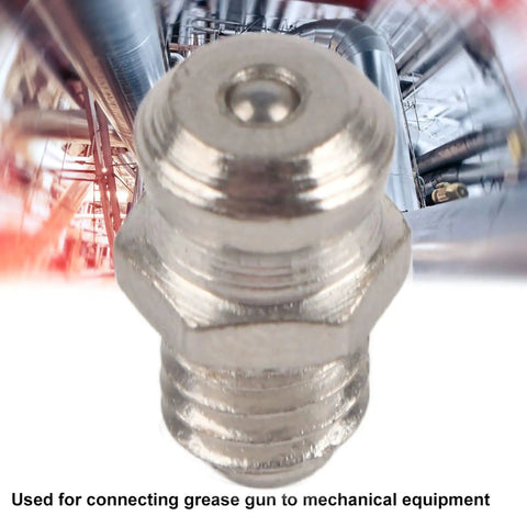 Close-up of metal grease nipple from Grease Zerk Kit 10 Pieces Metal Grease Fittings For M6 Straight Grease Gun Accessories.