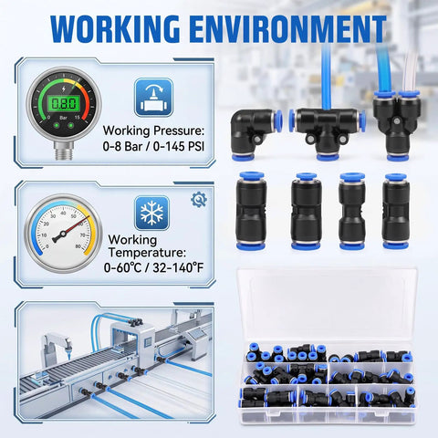 70 Piece Quick Connect Air Hose Fitting Assortment Set Includes Straight Elbow Tee Splitter And Reducer Push To Connect Pneumatic Plastic Air Line Connector Kit Perfect Tool For Machinery And Automotive Gear, 1/4 inch black plastic fittings