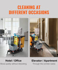 Cleaning cart in two settings showing Three Shelf Cleaning Cart That Packs 200 Lb Capacity, 25 Gallon PVC Bag And Cover in office and elevator.