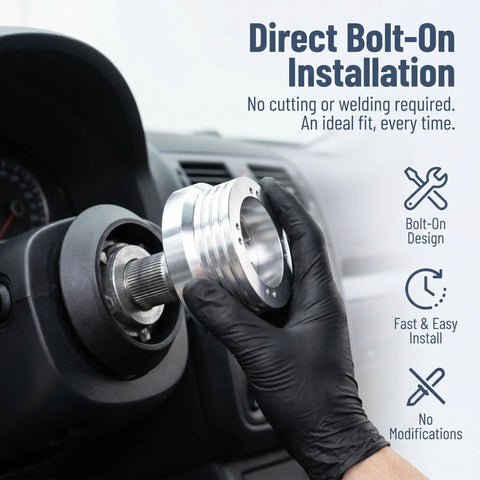 Boss Level Billet Steering Wheel Hub Adapter For 5 Or 6 Hole Whips in sleek silver polish aluminum alloy shown with installation.