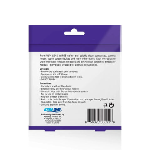 Back view of Kareway Lens Wipes 100-count single-pack with purple header and barcode.