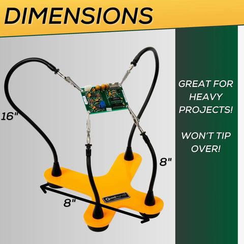 Four Gooseneck Soldering Helper With Sturdy Base And Rotating Stainless Alligator Clamps holding circuit board upright
