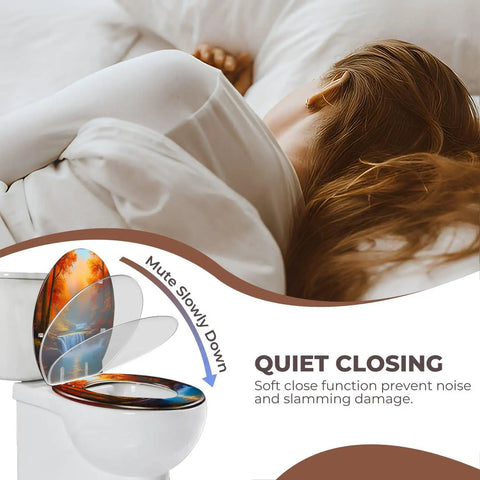 Toilet Seat Round Resin for Bathroom showing soft close feature with a scenic design, ideal for quiet use.