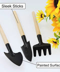 Mini Garden Tools Set 3 Piece Rake Trowel Shovel For Seedlings Bonsai Succulents And Terrariums with wooden handles and iron heads