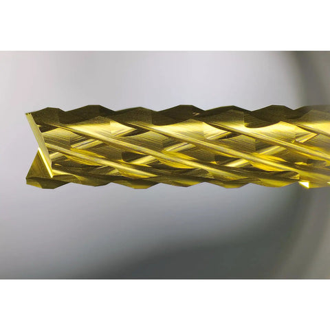 Close-up of TiN-coated solid carbide end mill from ten piece TiN coated solid carbide end mill set for PCB engraving and CNC router bits.