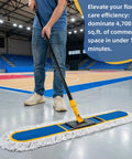 Heavy Duty Industrial Dust Mop With Extra Wide Head And Long Wooden Handle For Swift No Mess Sweeping on commercial floor.
