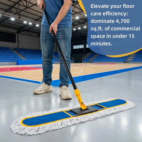 Heavy Duty Industrial Dust Mop With Extra Wide Head And Long Wooden Handle For Swift No Mess Sweeping on commercial floor.