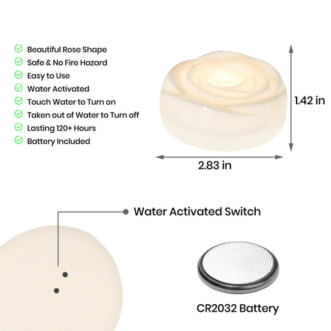 Rose-shaped water activated LED flameless candle, 1.42 inch height, 2.83 inch width, CR2032 battery included, safe for indoor use