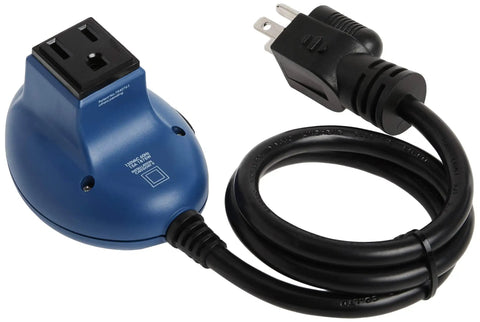 AmWatt Appliance Load Tester Plug With Digital Amp And Watt Readout, Switch Between Amps And Watts, 15 Amp Capacity, 125 To 1875 Watt Range, 26 Inch Cord Reaches Remote Outlets, Blue plugged load tester with black cord and outlet plug