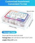 600 Piece Stainless Steel Wood Screws Kit With Zinc Plated Finish in clear storage case, dimensions labeled, 18 common sizes