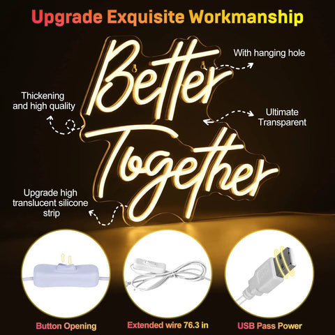 Better Together Neon Sign LED Light for Weddings and Home Bar Decor, USB Powered 16.7 by 13 Inch Warm White Glow, 3D Art