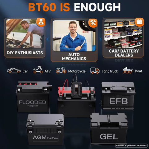 BT60 Bluetooth Battery Tester For 12V Vehicles 100 To 2000 CCA Load Tester With Wireless App Control IOS Pro Grade Smart Diagnostic Tool For Quick Daily Battery Checks, shown with 12V AGM, GEL, EFB and flooded batteries