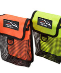 Orange and green mesh diving gear bag with reels pocket and surface marker buoy, clip-on snorkeling gear carrier, foldable portable pouch