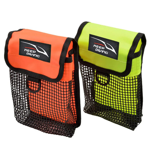Orange and green mesh diving gear bag with reels pocket and surface marker buoy, clip-on snorkeling gear carrier, foldable portable pouch