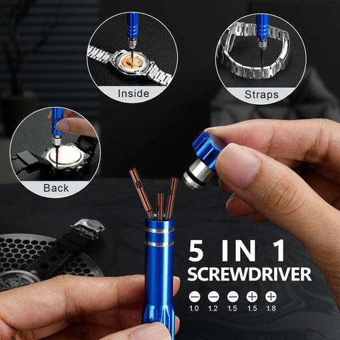 Pro Grade All In One Watch Repair Kit With Press Tool For Battery Swap And Strap Sizing, 5 in 1 screwdriver detail view