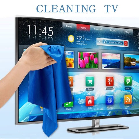 Blue microfiber cleaning cloth wiping a flat-screen TV screen; 12 x 12 inch cloth for electronics.