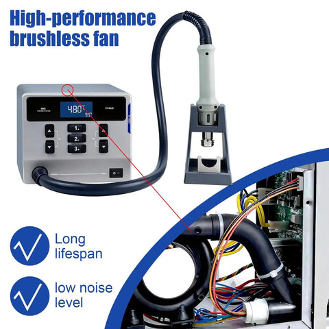 Pro Grade 1000W Hot Air Rework Station With Intelligent Digital Display shown with brushless fan and settings panel