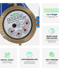 Close-up of Vertical Water Meter DN20 With 3/4 Inch NPT Couplings, showing meter face and brass build, ISO4064 certified features