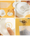 Components of Automatic Pet Water Dispenser And Food Feeder With Leakproof Cage Mount No Drip Drama setup on a yellow background.