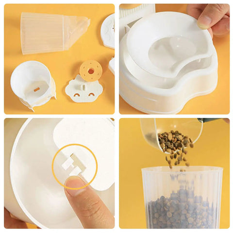 Components of Automatic Pet Water Dispenser And Food Feeder With Leakproof Cage Mount No Drip Drama setup on a yellow background.