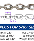 Top Shelf 5/16 Inch G43 Marine Grade Stainless Steel Anchor Chain Mirror Polished Finish specifications diagram with dimensions.