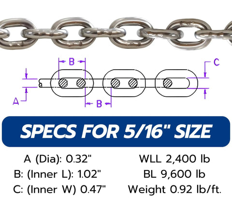 Top Shelf 5/16 Inch G43 Marine Grade Stainless Steel Anchor Chain Mirror Polished Finish specifications diagram with dimensions.