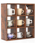 Sleek 9 Grid Wall Mounted Coffee Mug Display Rack, Solid Wooden Curio Shadow Box Shelf with nine mugs on display.