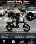 Woman riding Powerful 1200W Folding Electric Bike For Adults with 14 inch tires and dual disc brakes in city traffic