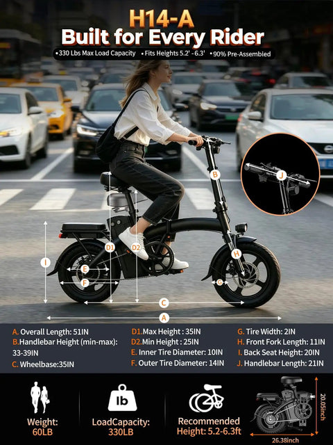 Woman riding Powerful 1200W Folding Electric Bike For Adults with 14 inch tires and dual disc brakes in city traffic